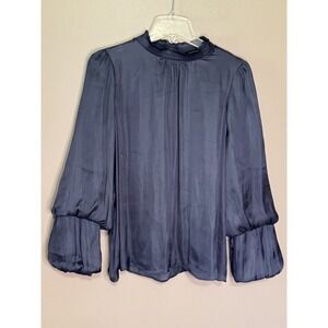 Ellen Weaver Navy Blue Smocked High Neck Balloon Sleeve Blouse Size M